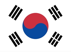 [ai] The flag of South Korea, featuring a white background with a red and blue yin-yang symbol in the center, flanked by four black trigrams in each corner.